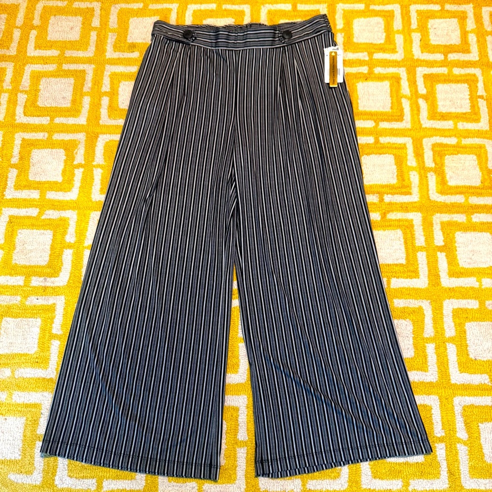 Star Style Black and White Striped Pants elastic waist wide leg button detail